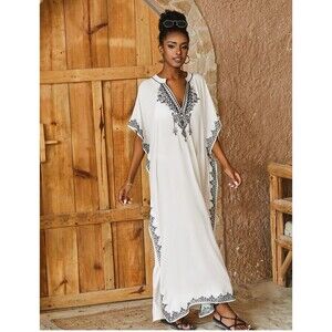 Collar Embroidered Kaftan Women's Robe Boho Party Holiday Beach Cover-up Dresses